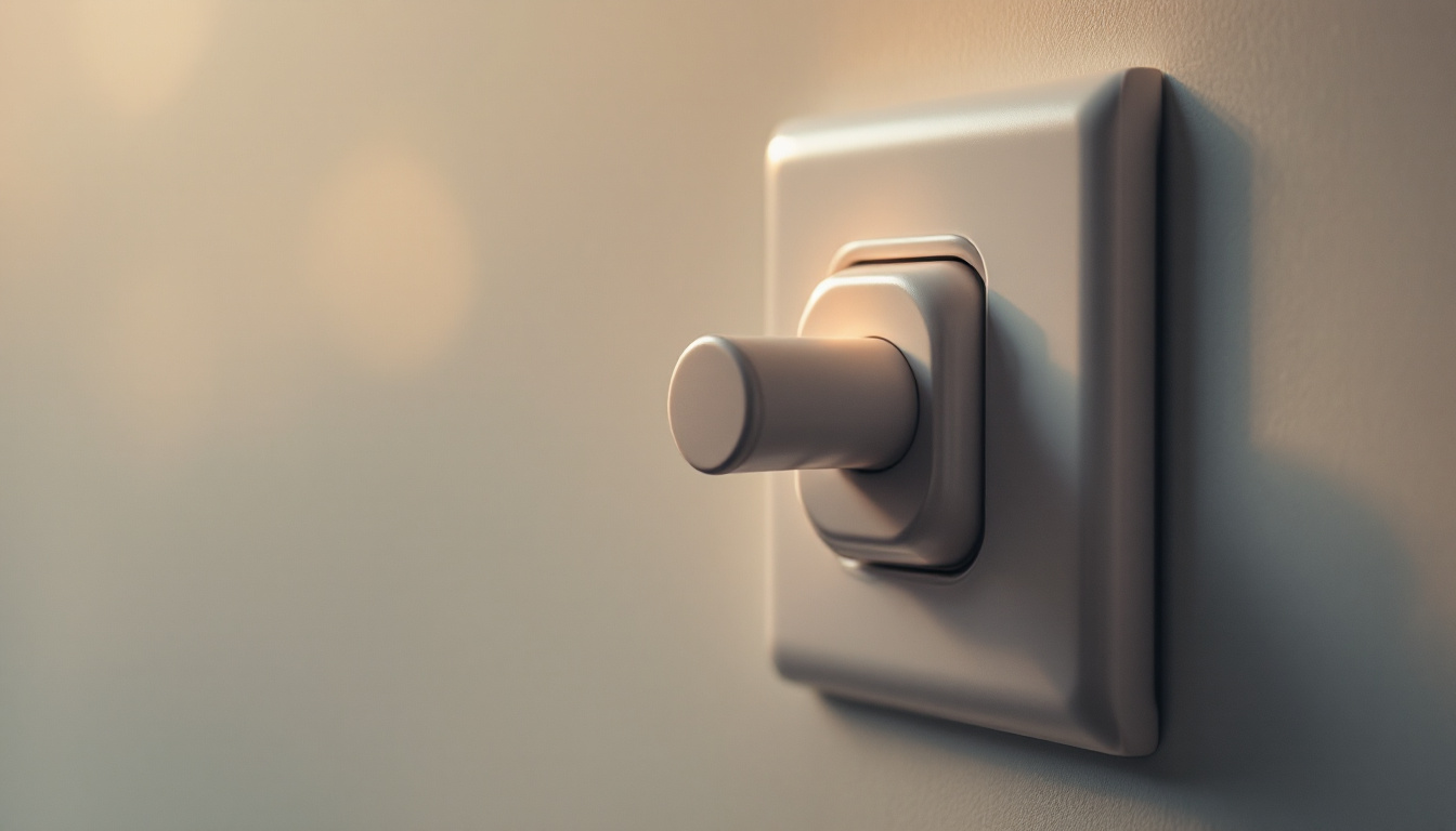 A photograph of a close-up shot of a toggle switch light switch in action