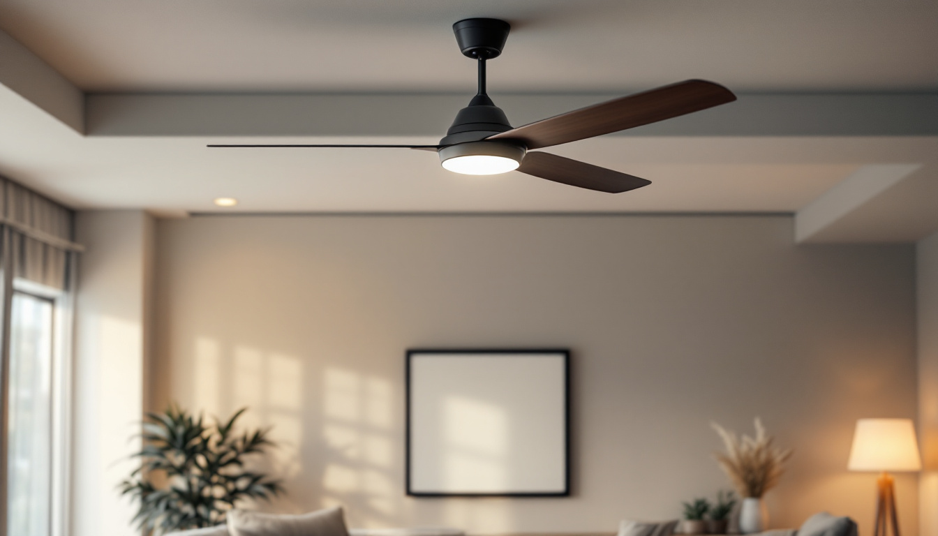 A photograph of a modern living space featuring a sleek ceiling fan with innovative accessories