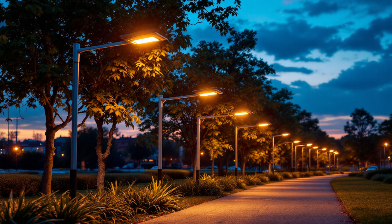 A photograph of a vibrant urban or suburban scene at dusk