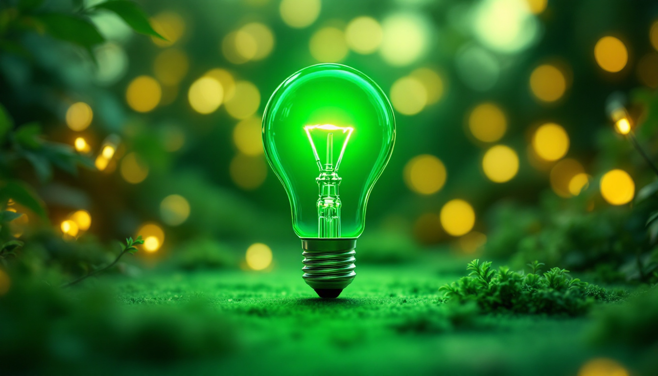 A photograph of a bright green daylight 120 60hz light bulb in an aesthetically pleasing setting