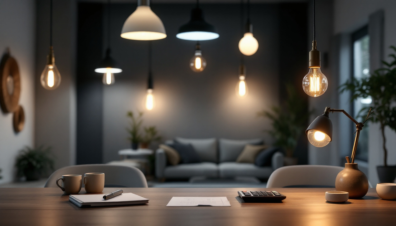 A photograph of a well-lit interior space showcasing a variety of stylish light fixtures