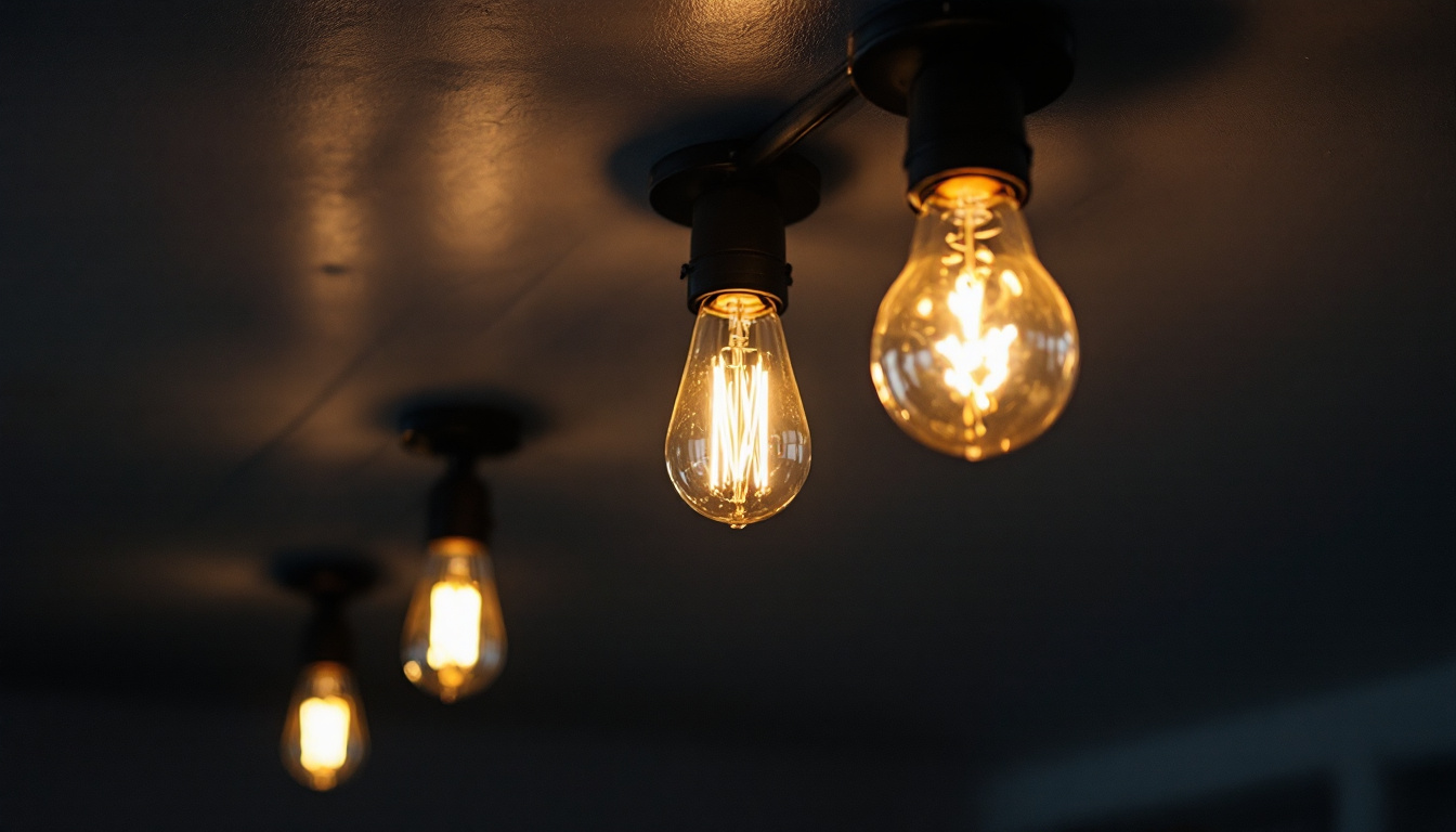 A photograph of a close-up of a ceiling fixture with flickering light bulbs