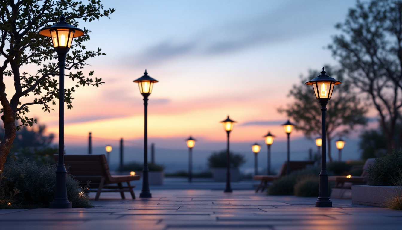 A photograph of a beautifully lit outdoor space featuring various styles of post lights