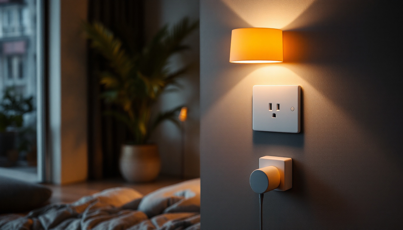A photograph of a modern living space featuring a stylish quadruplex outlet in use