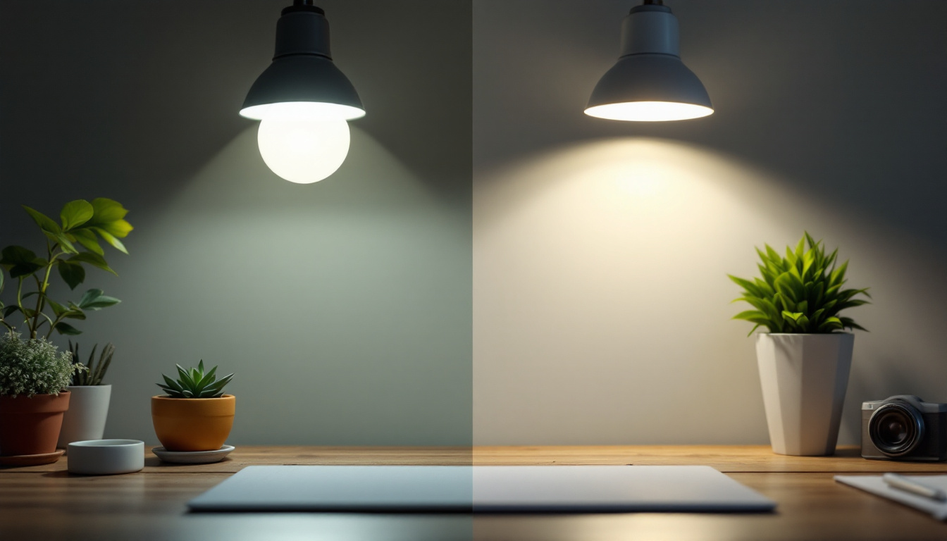 A photograph of a side-by-side comparison of a fluorescent bulb and an led bulb illuminating the same scene