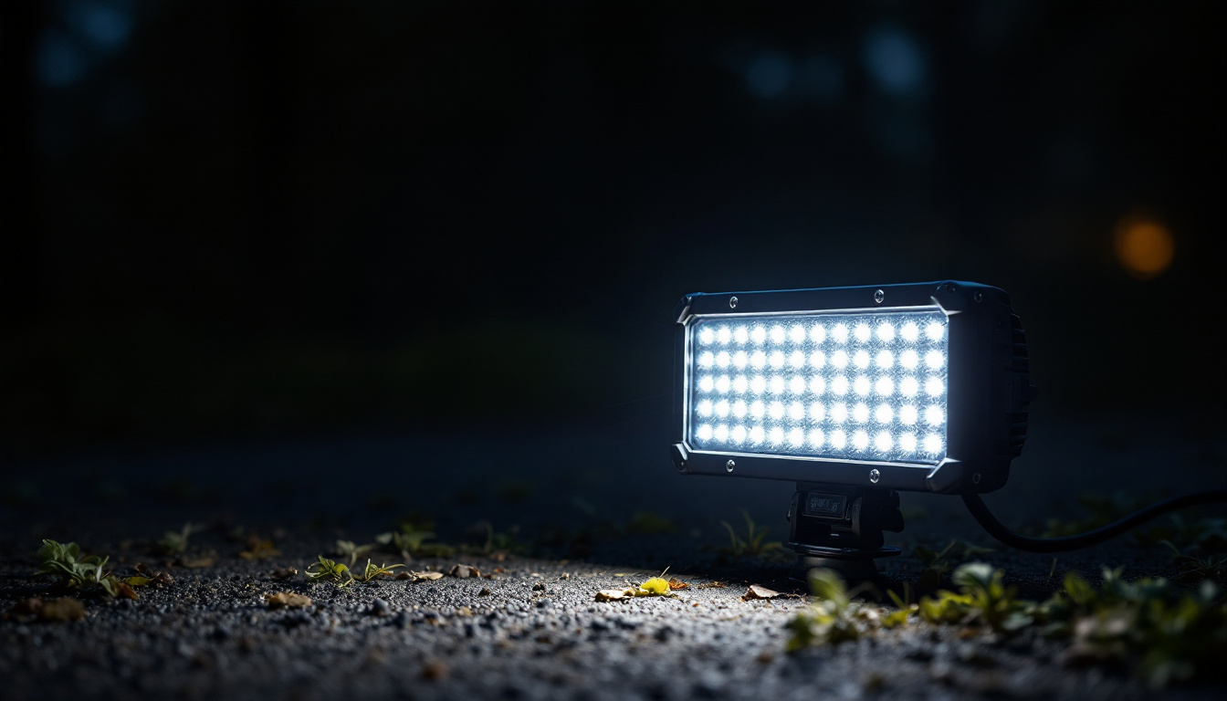 A photograph of a powerful 11000 lumen led light bar illuminating a dark outdoor scene