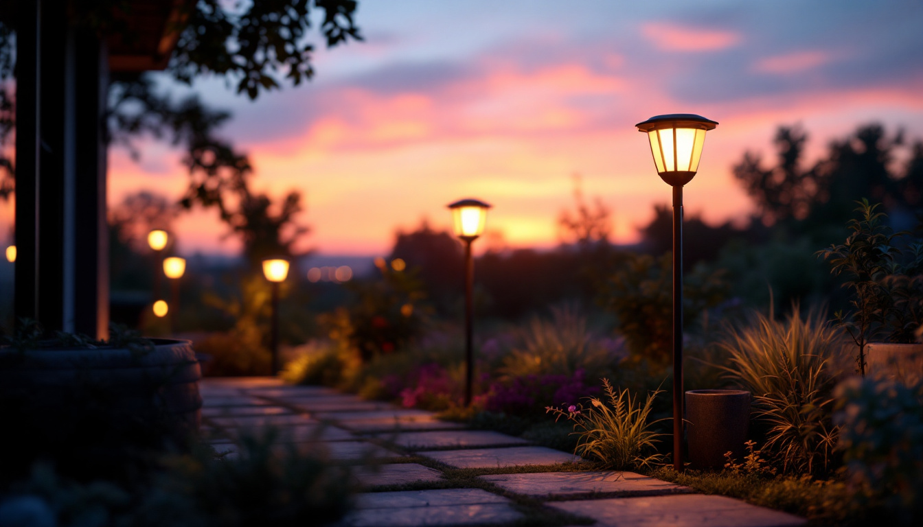 A photograph of a serene outdoor setting illuminated by various styles of cool solar lights