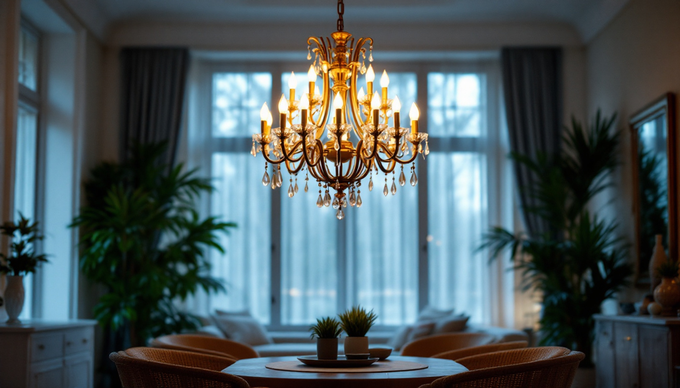A photograph of a beautifully designed chandelier illuminated in a well-decorated room