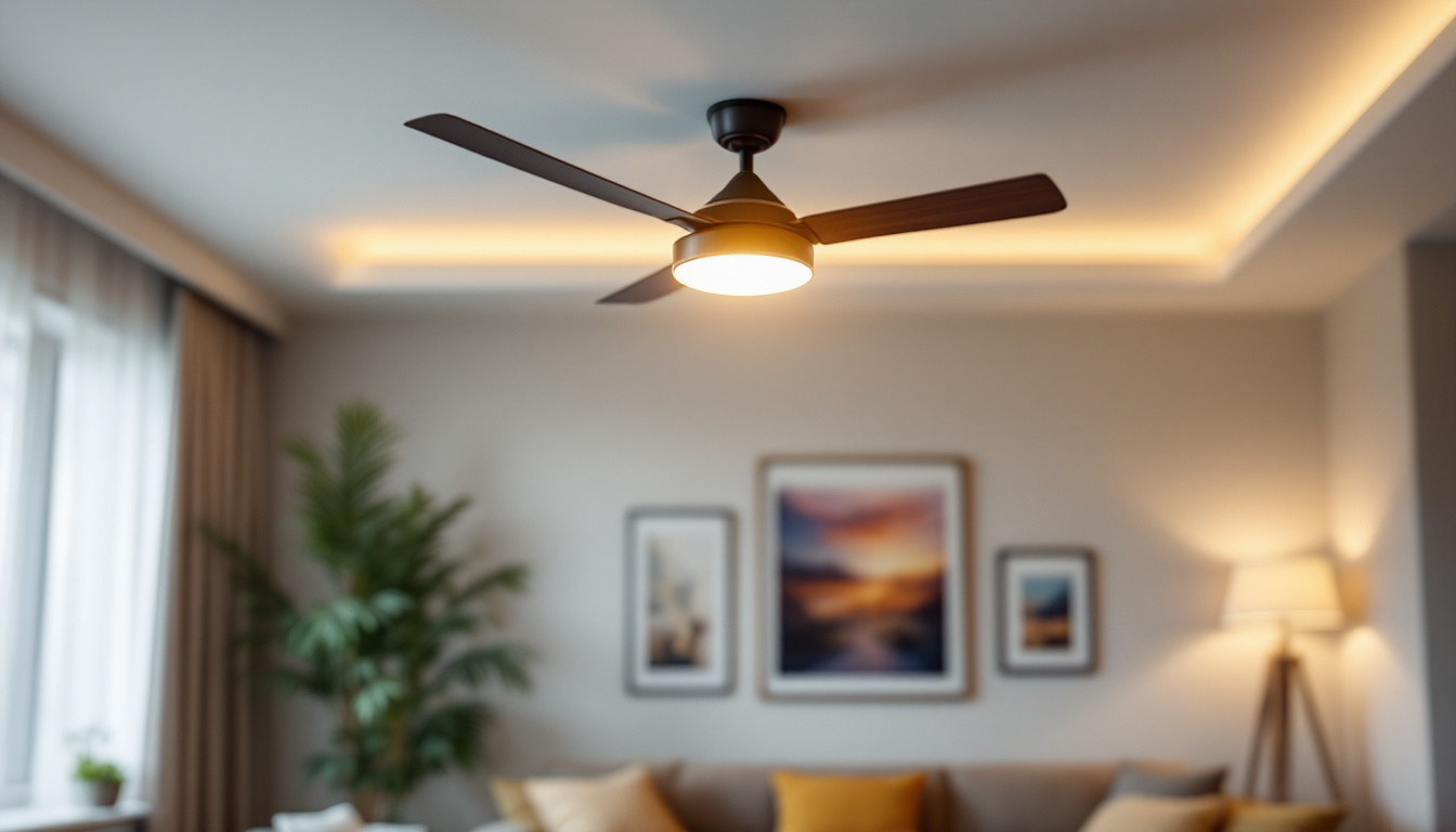 A photograph of a stylish ceiling fan with an integrated wall switch in a modern living room setting