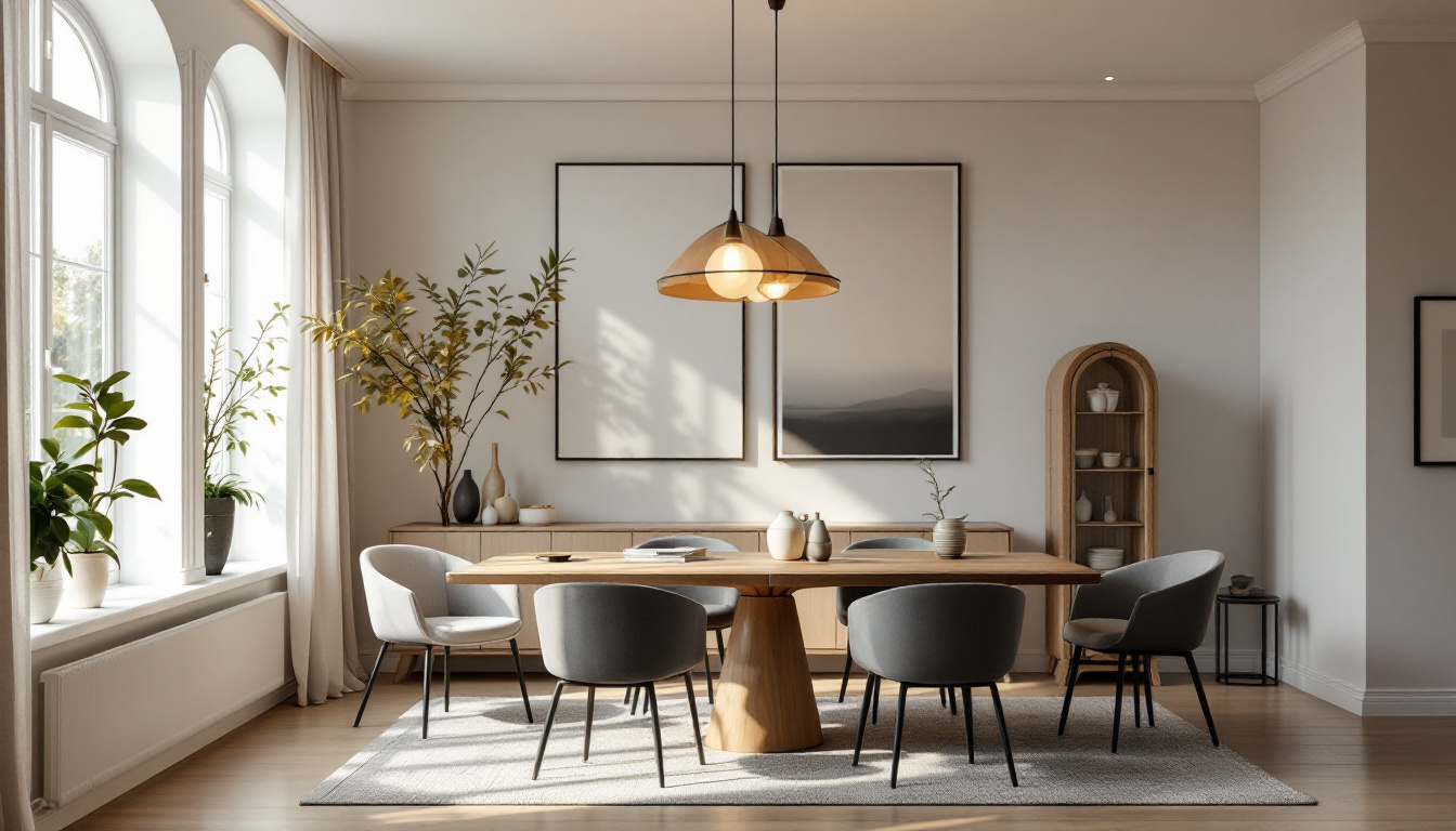 A photograph of a beautifully designed dining room featuring a striking pendant light as the focal point