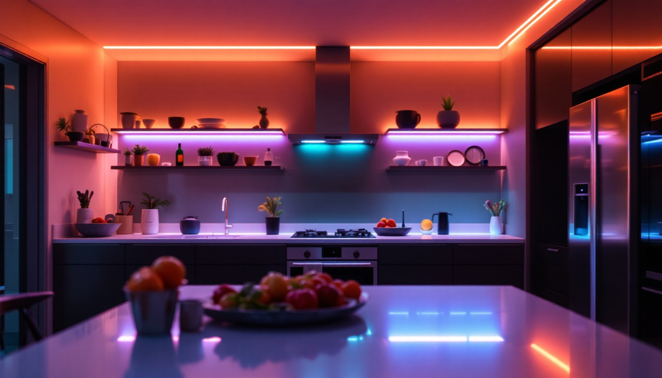 A photograph of a modern kitchen illuminated by vibrant led strip lights