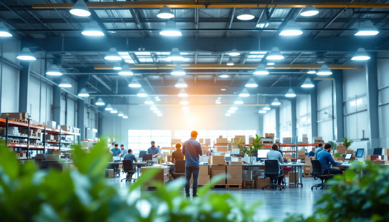 A photograph of a modern workplace or warehouse featuring energy-efficient lighting solutions