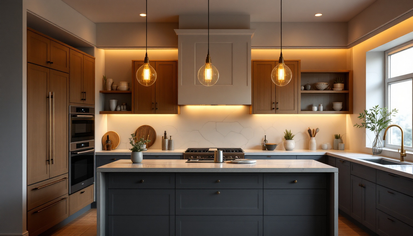 A photograph of a beautifully designed kitchen featuring an eye-catching island with stylish pendant lights