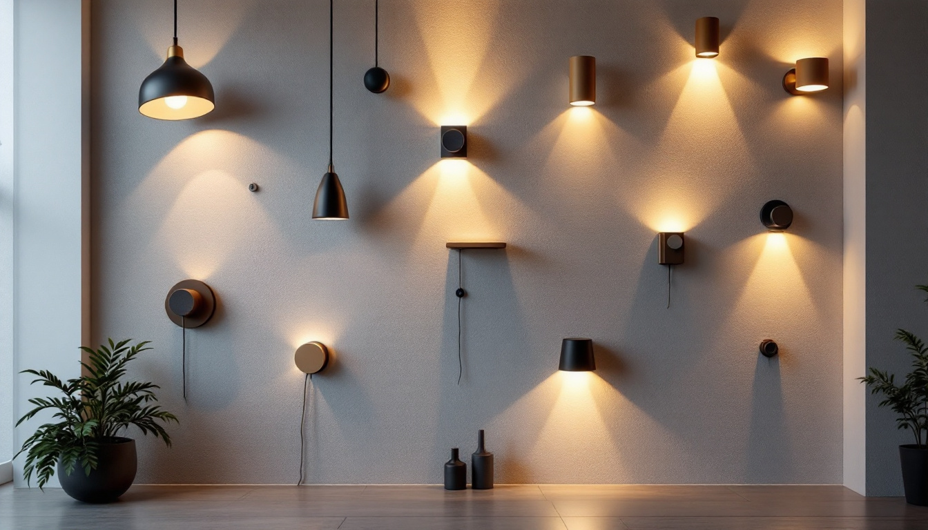 A photograph of a creatively designed wall featuring various types of lights