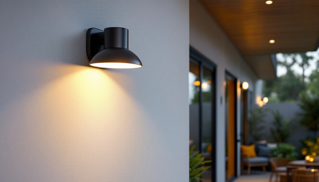 A photograph of a stylish outdoor fan and light fixture installed in a modern outdoor setting