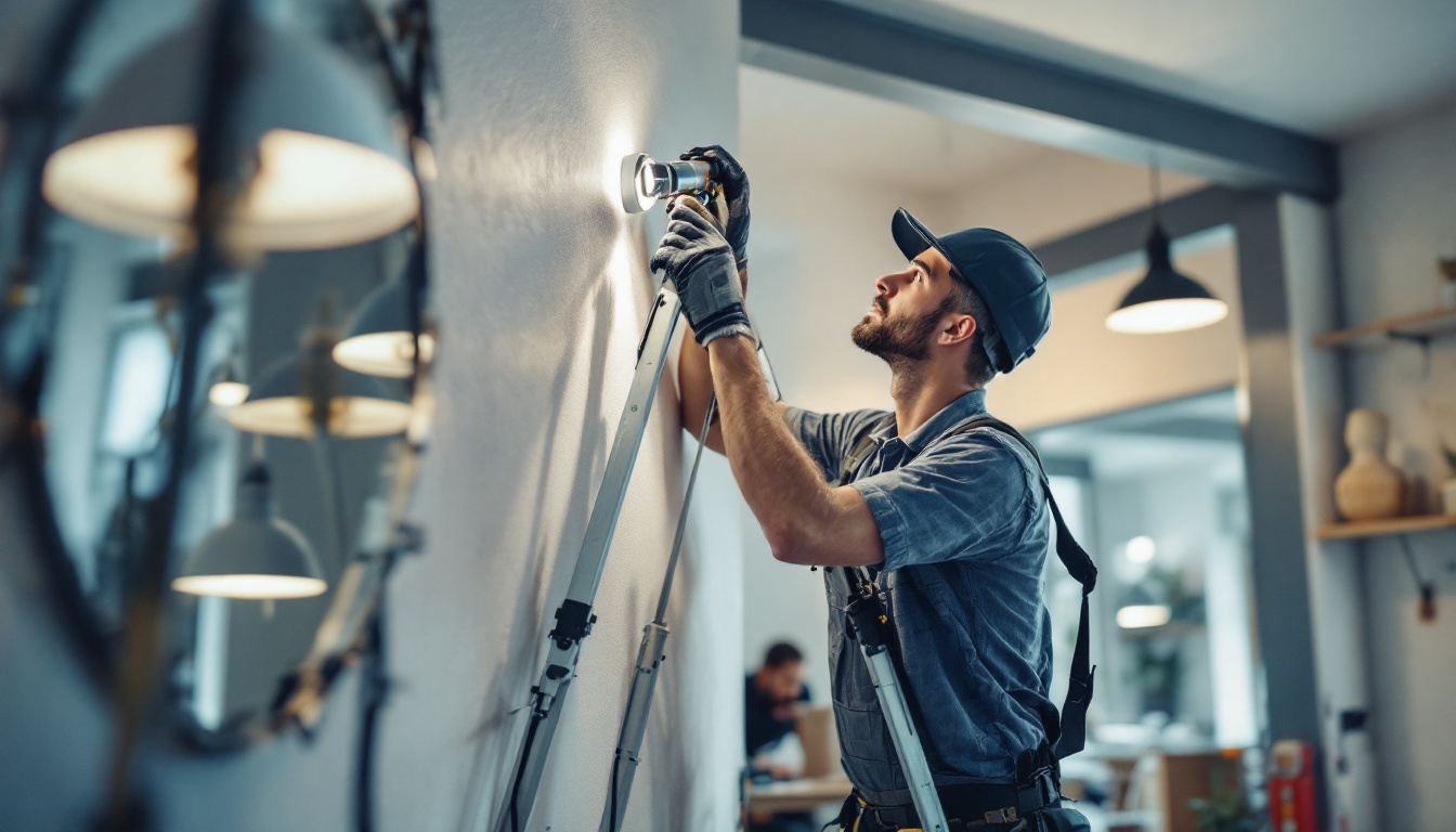 A photograph of a skilled electrician or contractor installing modern can lights in a beautifully renovated space