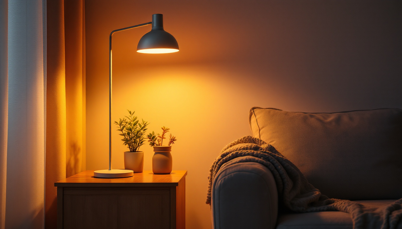 A photograph of a stylishly designed led side lamp illuminating a cozy living space