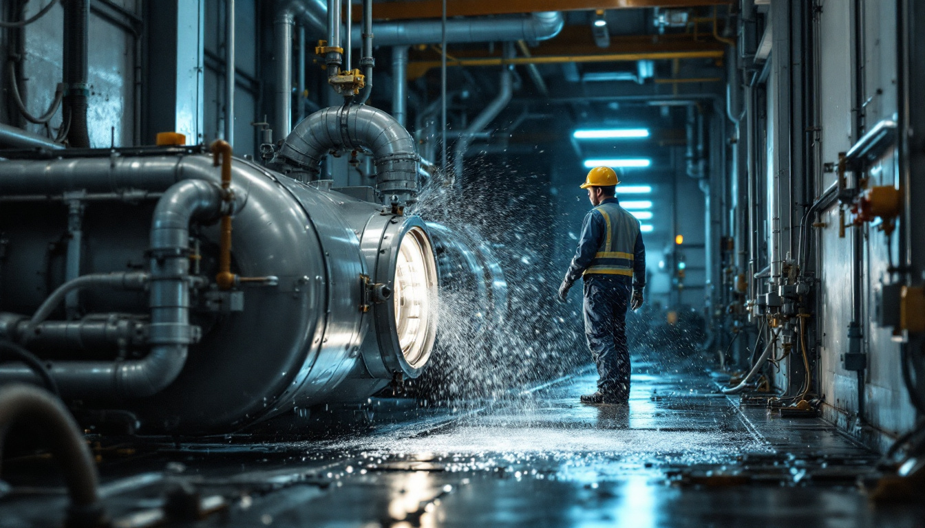 A photograph of a technician inspecting a washing outlet in an industrial setting