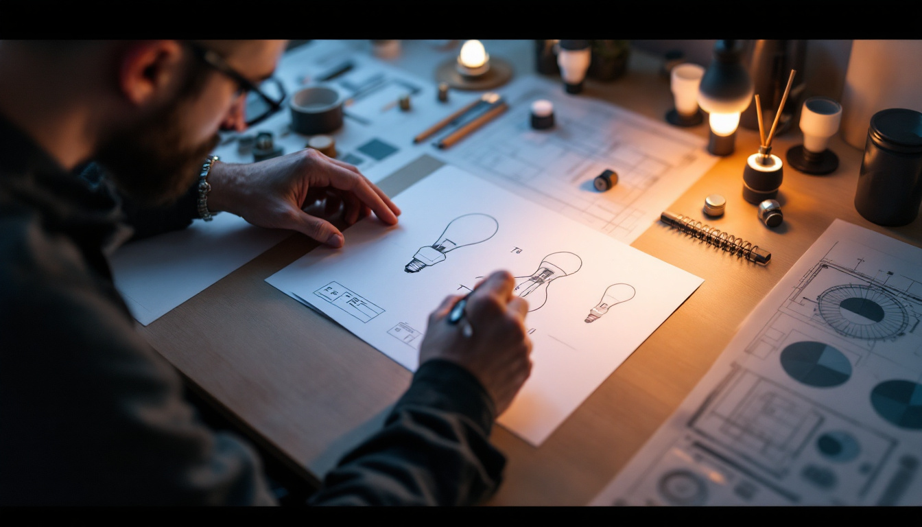 A photograph of a designer sketching the initial concept of the t8 bulb