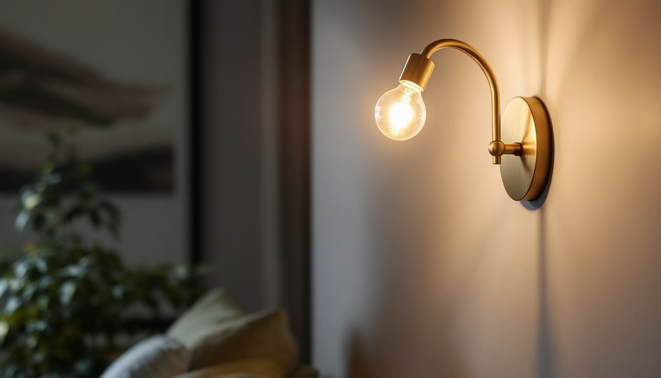 A photograph of an elegantly designed gooseneck brass sconce illuminated in a stylish interior setting