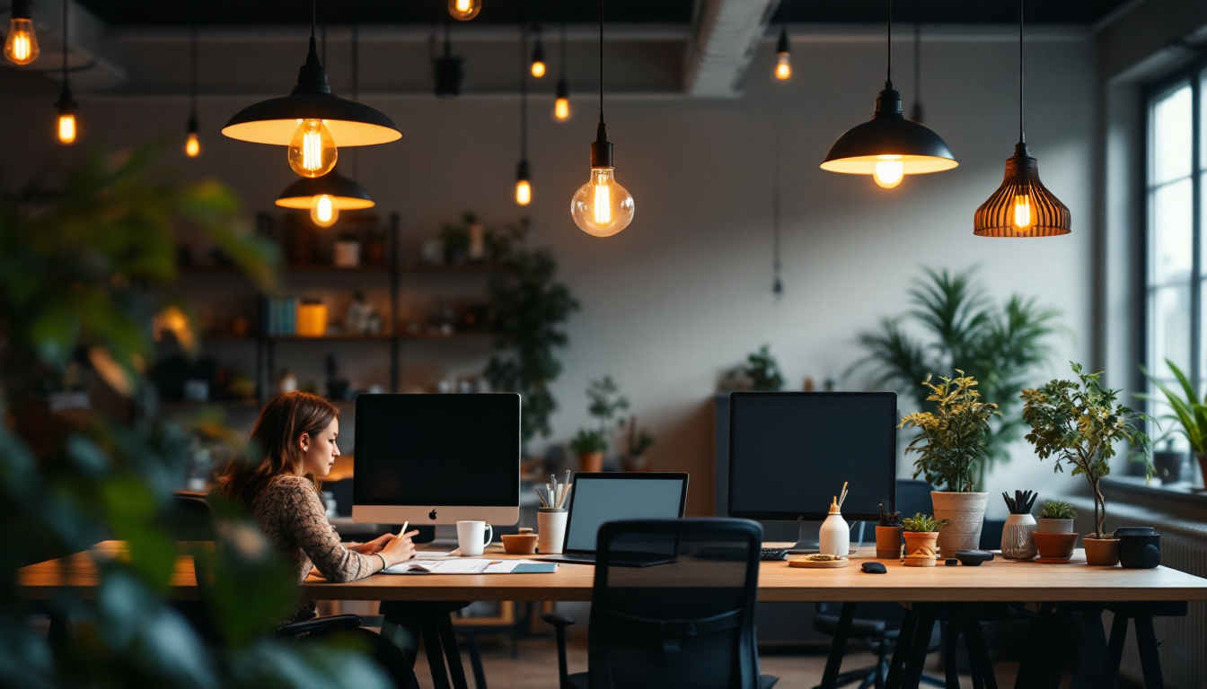 A photograph of a well-lit workspace featuring various styles of led hanging lights in use
