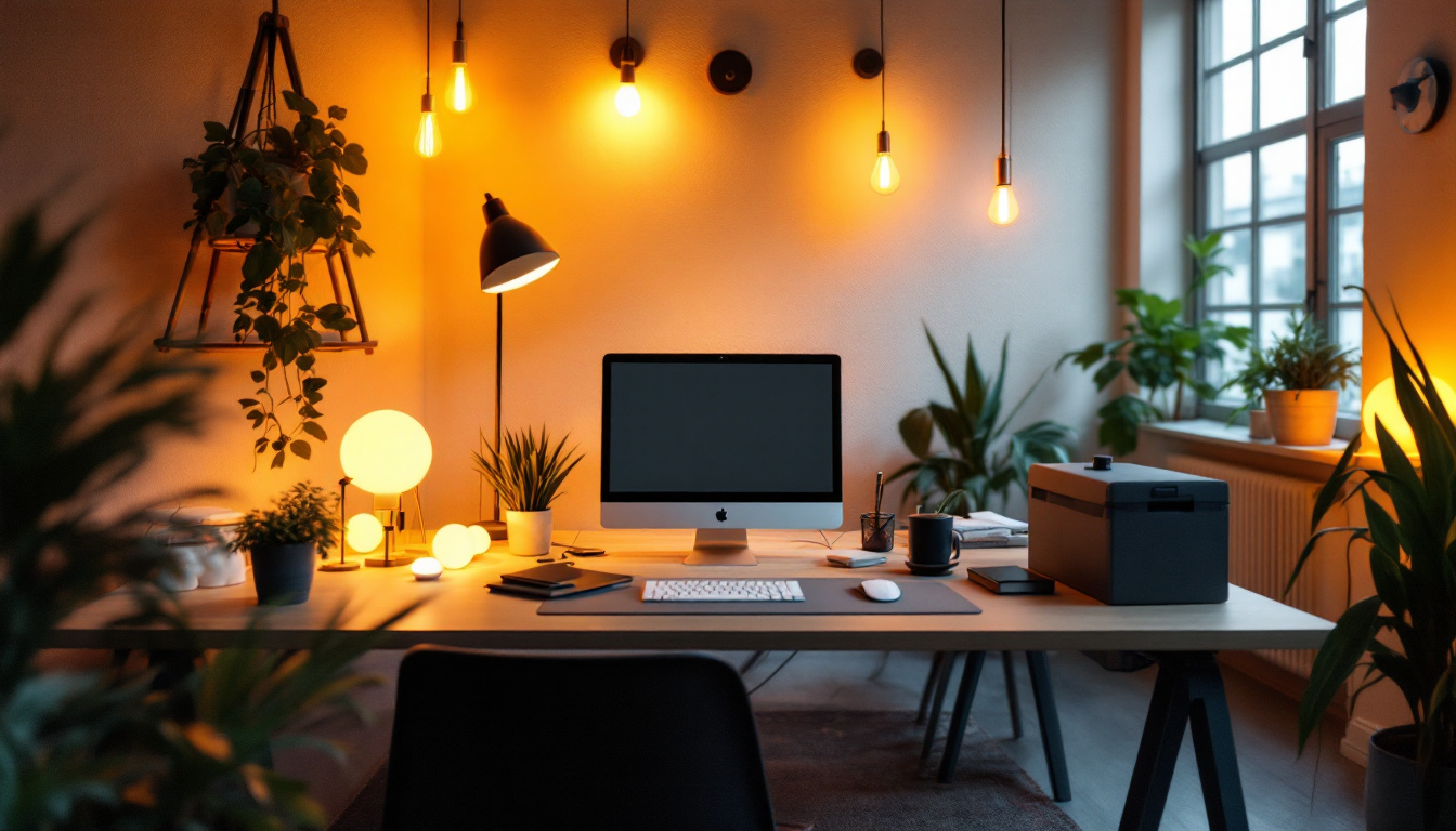 A photograph of a well-lit indoor workspace featuring a variety of lighting options