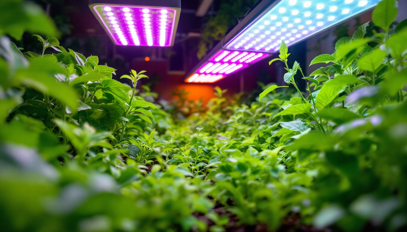 A photograph of a vibrant indoor garden illuminated by various led grow lights