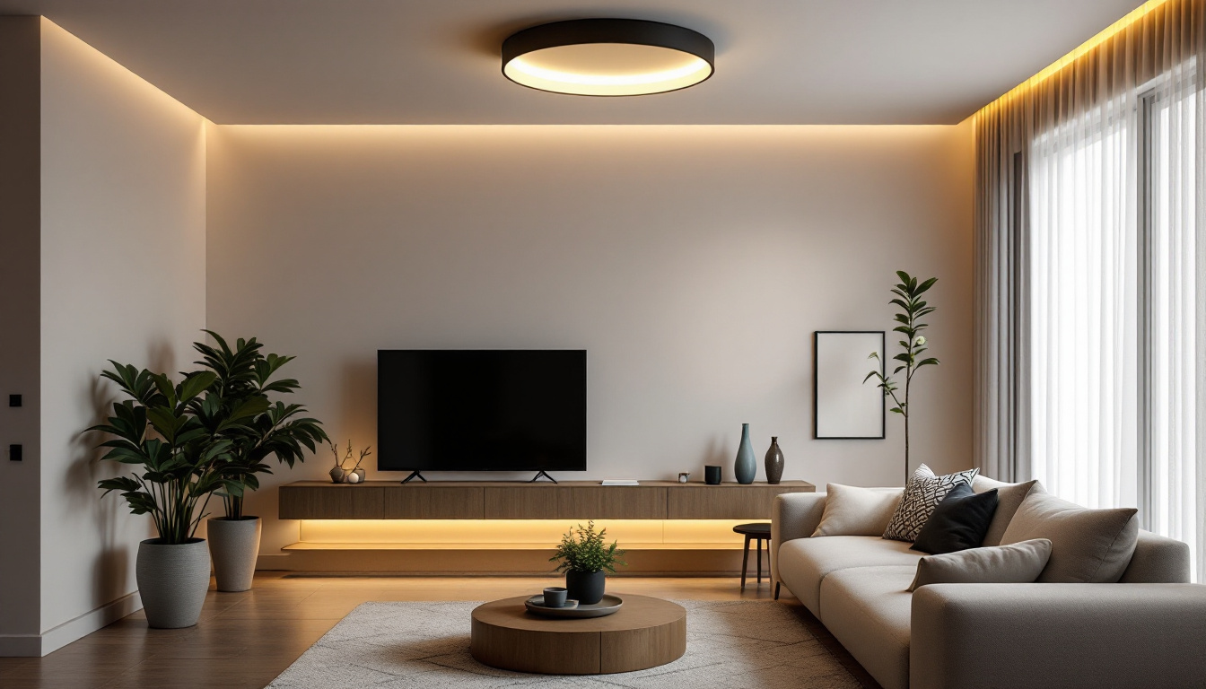 A photograph of a modern living space featuring a stylish flush mount light fixture that seamlessly integrates smart technology