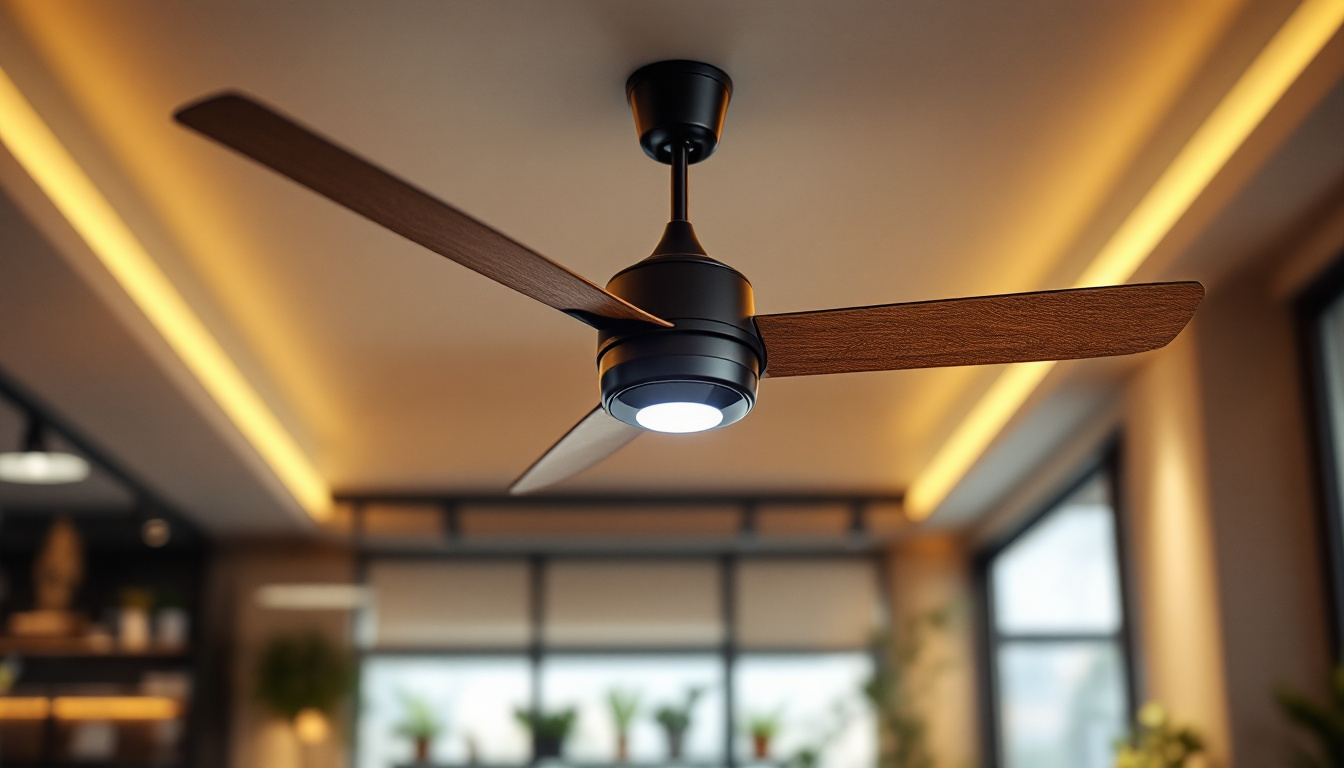 A photograph of a modern commercial space featuring a stylish ceiling fan with integrated lighting