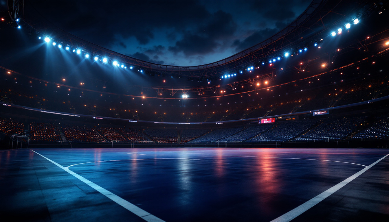 A photograph of a strikingly illuminated sports arena at night