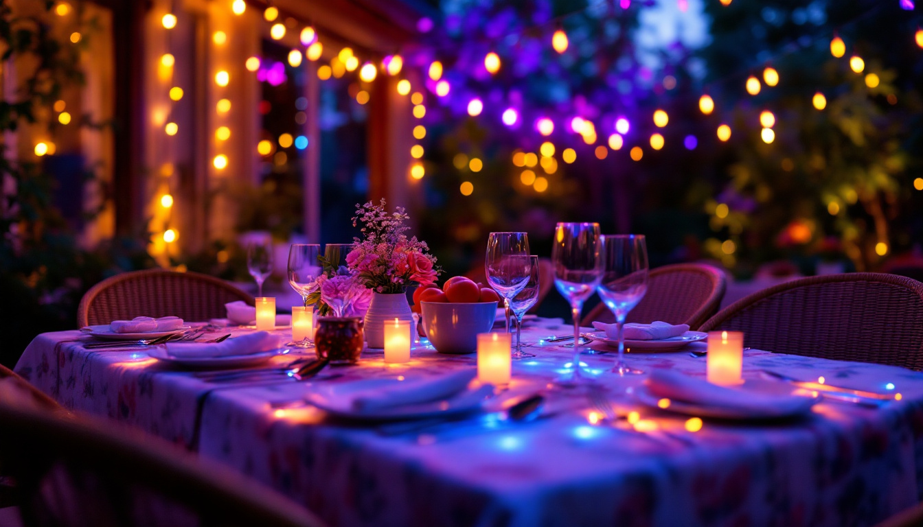 A photograph of a beautifully arranged outdoor setting illuminated by vibrant string led lights