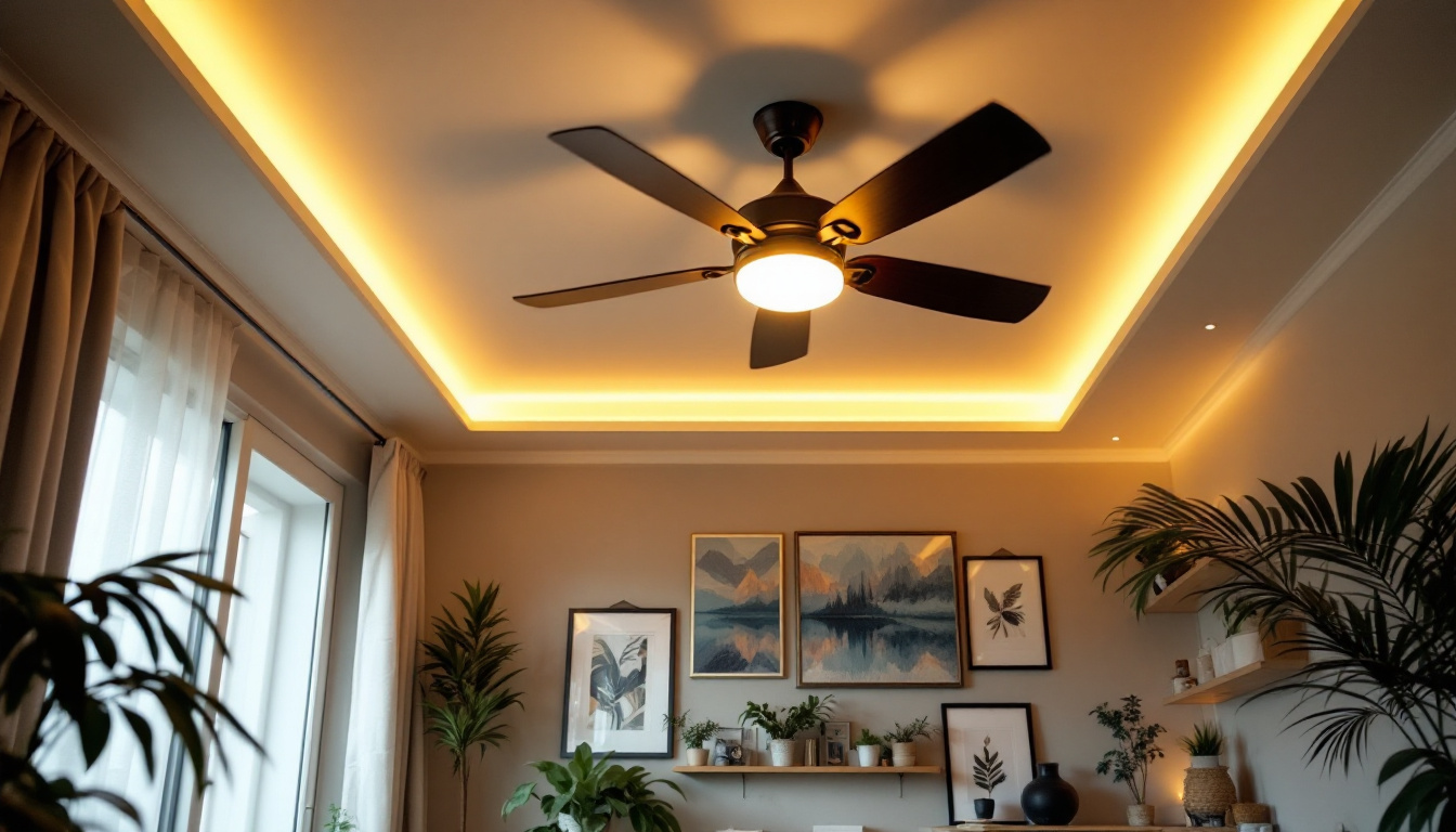A photograph of a beautifully styled interior room featuring a ceiling fan with integrated lighting