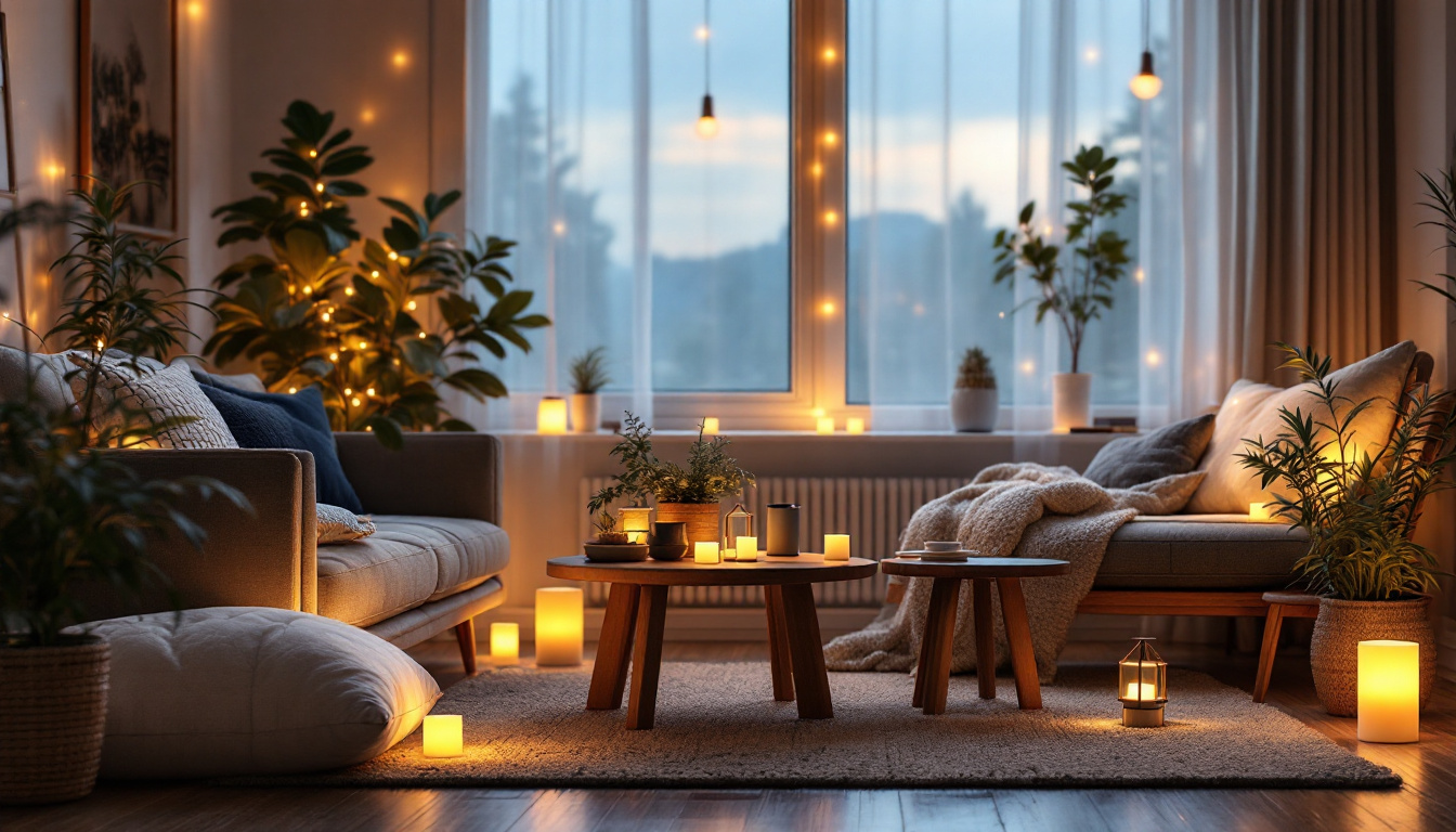 A photograph of a beautifully arranged indoor space illuminated by various styles of solar power lights