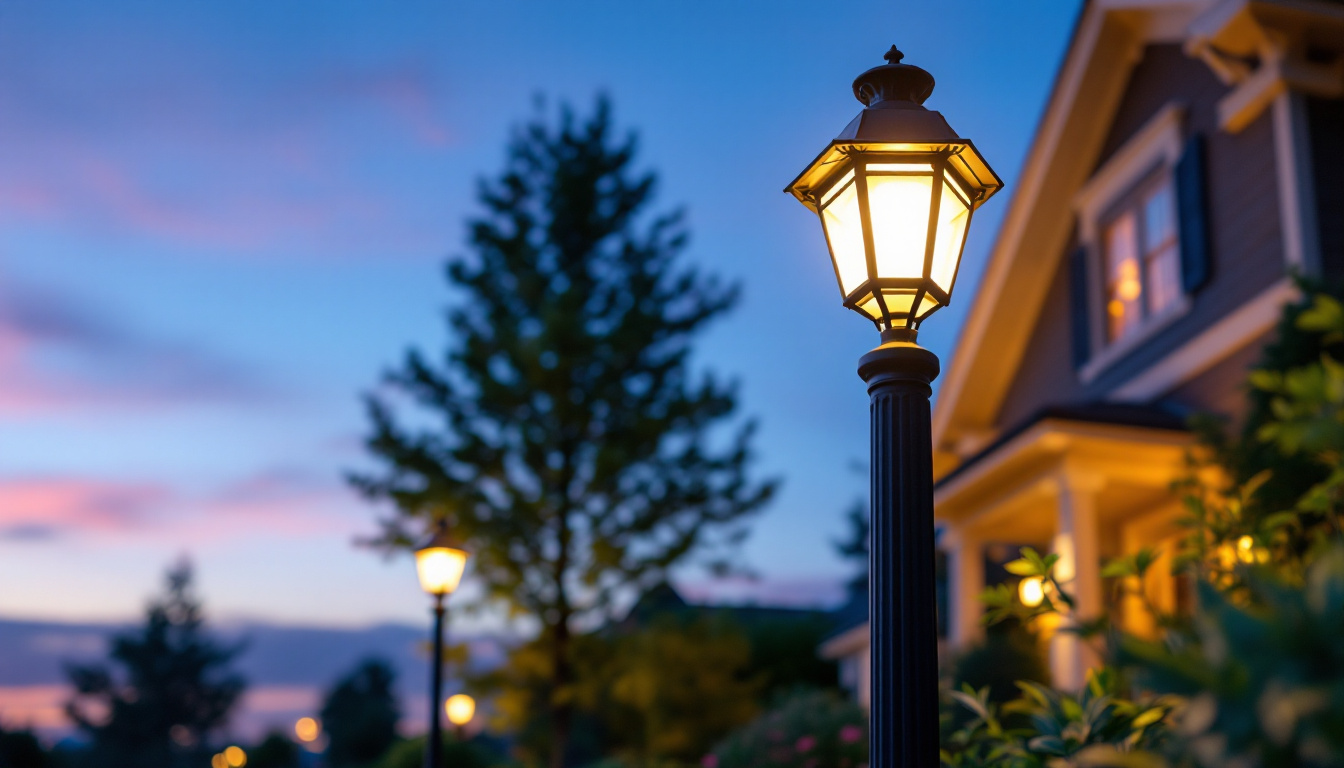 A photograph of a beautifully designed front yard light post illuminated at dusk