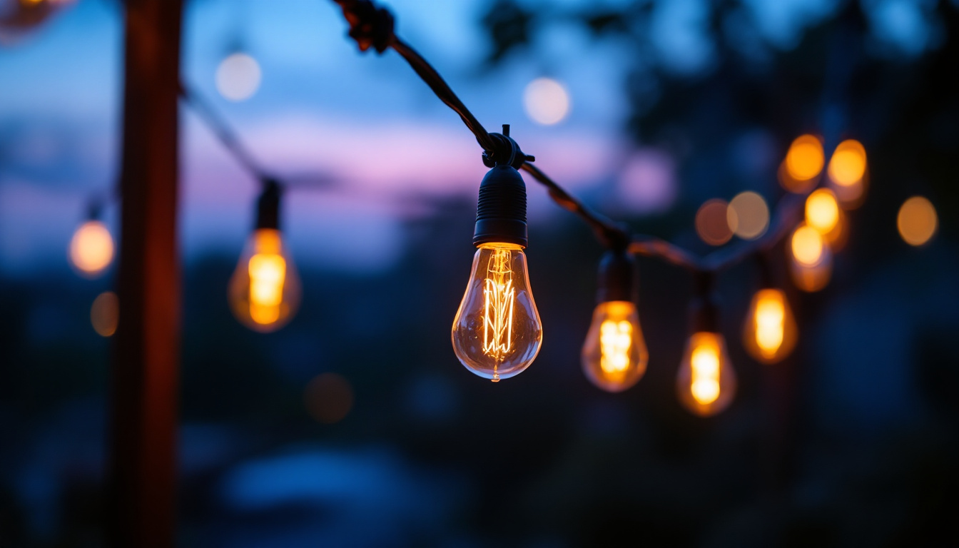A photograph of a close-up of vibrant led string bulbs illuminated at dusk