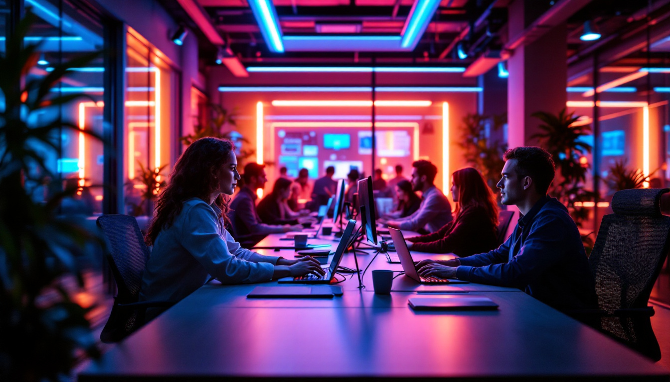 A photograph of a modern office workspace illuminated by vibrant led strip lighting