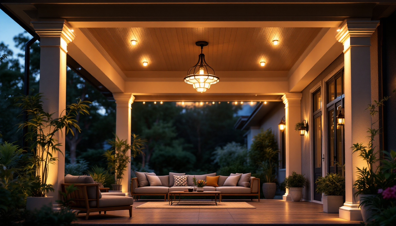 A photograph of a beautifully illuminated porch featuring stylish outdoor ceiling lights