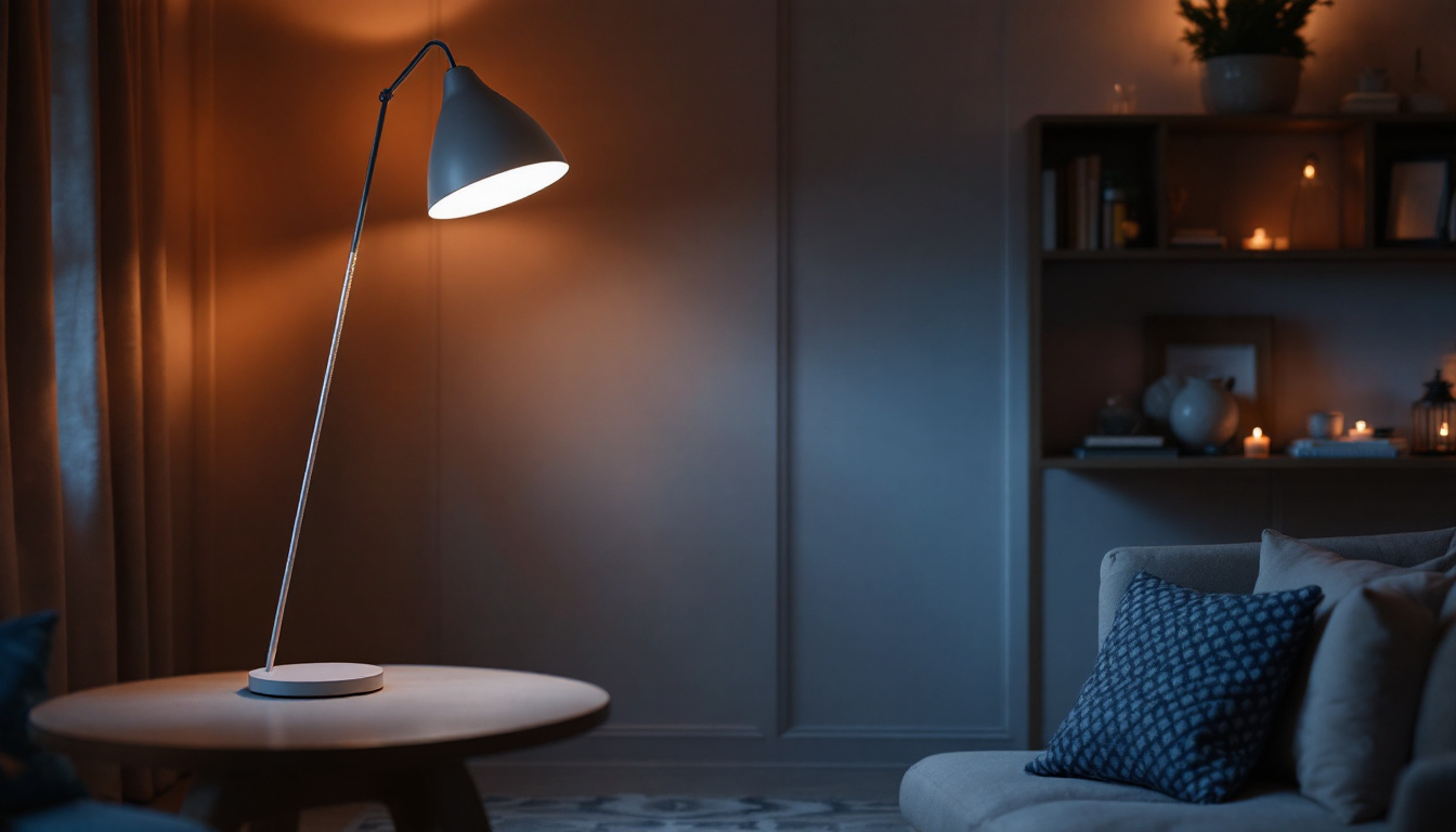 A photograph of a stylishly designed floor lamp in a cozy setting