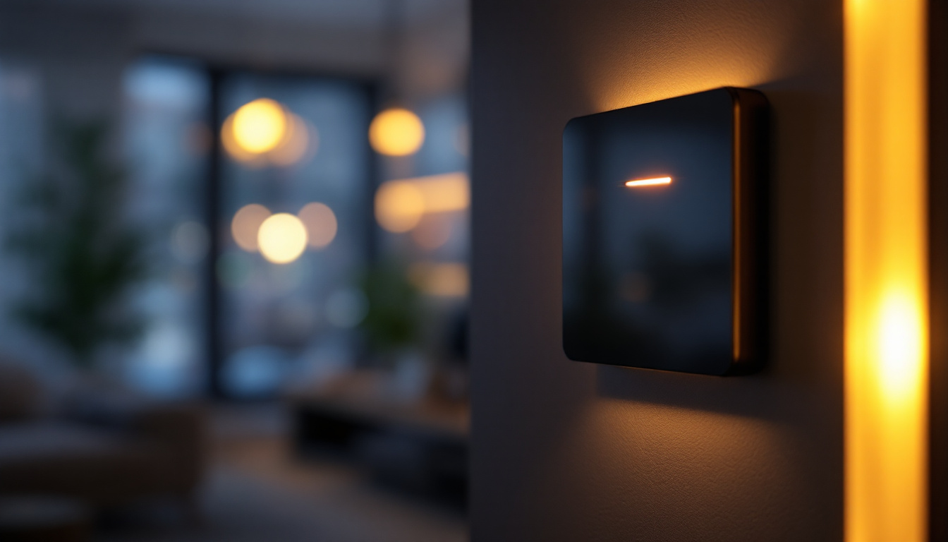 A photograph of a close-up shot of a modern push button light switch in a stylish home interior