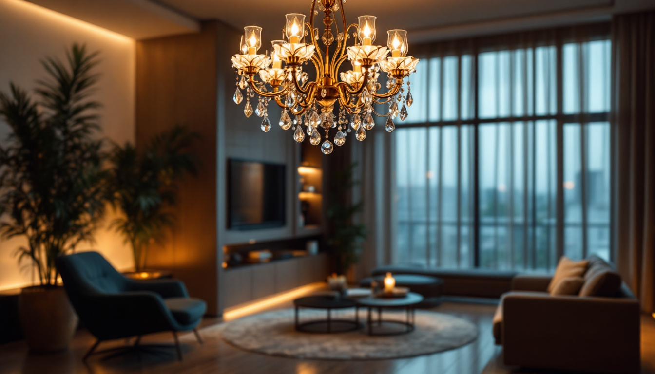 A photograph of a beautifully designed chandelier illuminated in a stylish room setting