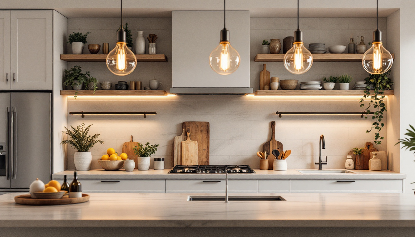 A photograph of a beautifully designed kitchen featuring a variety of hanging lights that showcase both cost-effective and high-quality options