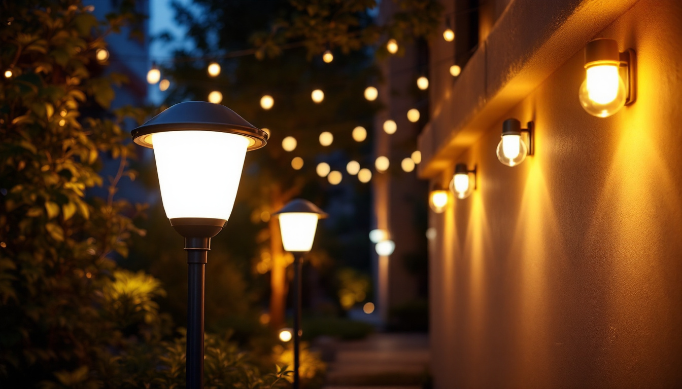 A photograph of a beautifully illuminated outdoor space featuring various led light fixtures