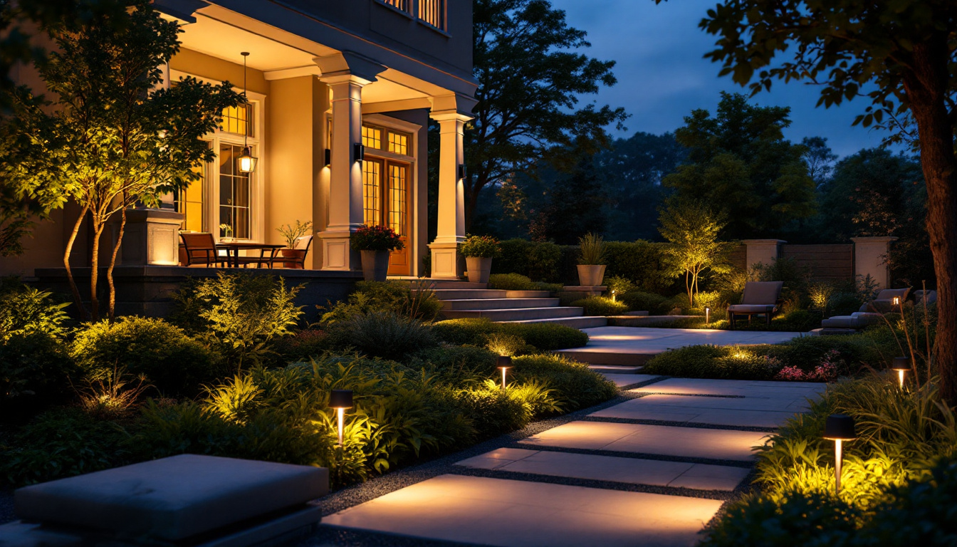 A photograph of a beautifully illuminated outdoor space featuring strategically placed landscape lighting that highlights key architectural elements and enhances the overall ambiance