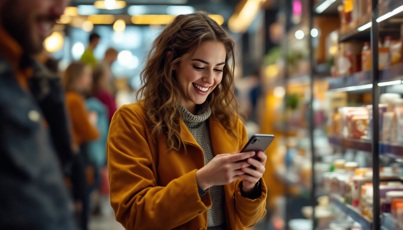 A photograph of a vibrant shopping scene featuring a person enthusiastically using a discount code on their smartphone while browsing products