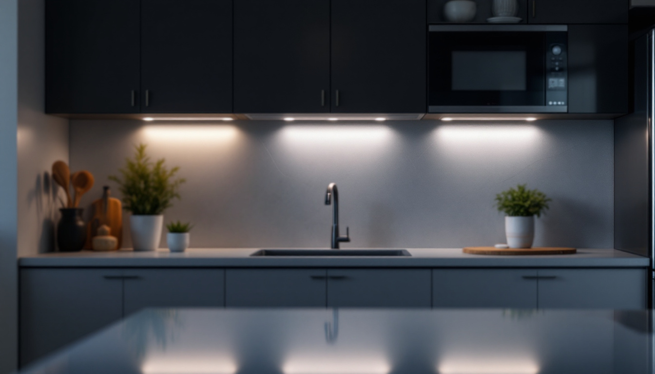 A photograph of a modern kitchen featuring sleek under-cabinet puck lights illuminating the countertop