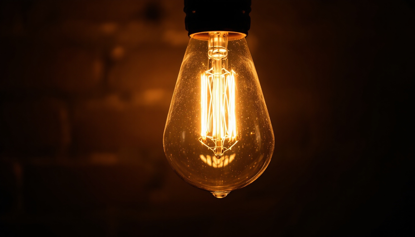 A photograph of a vintage-style light bulb glowing softly in a darkened setting