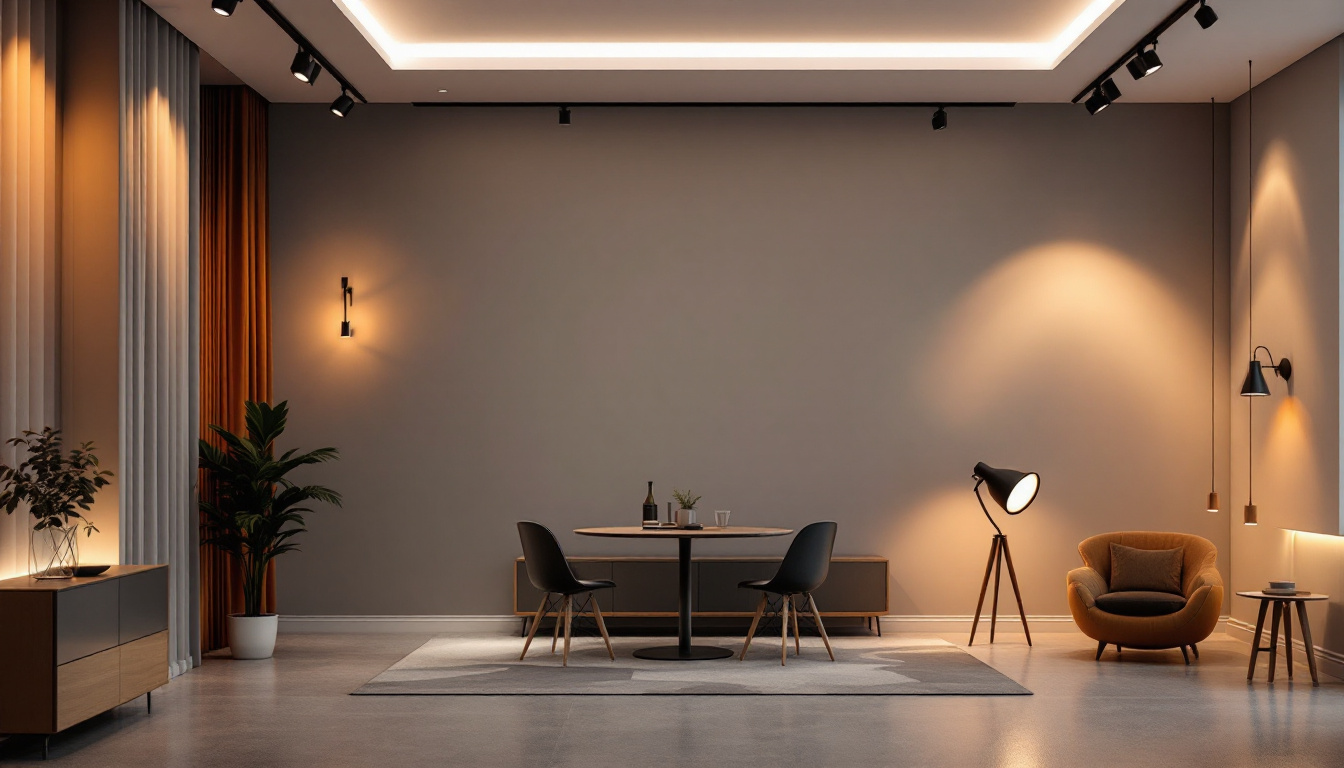 A photograph of a stylish interior space showcasing various types of track lighting