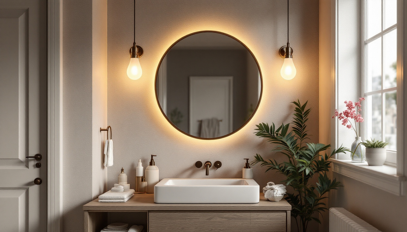 A photograph of a beautifully designed bathroom featuring a stylish vanity light