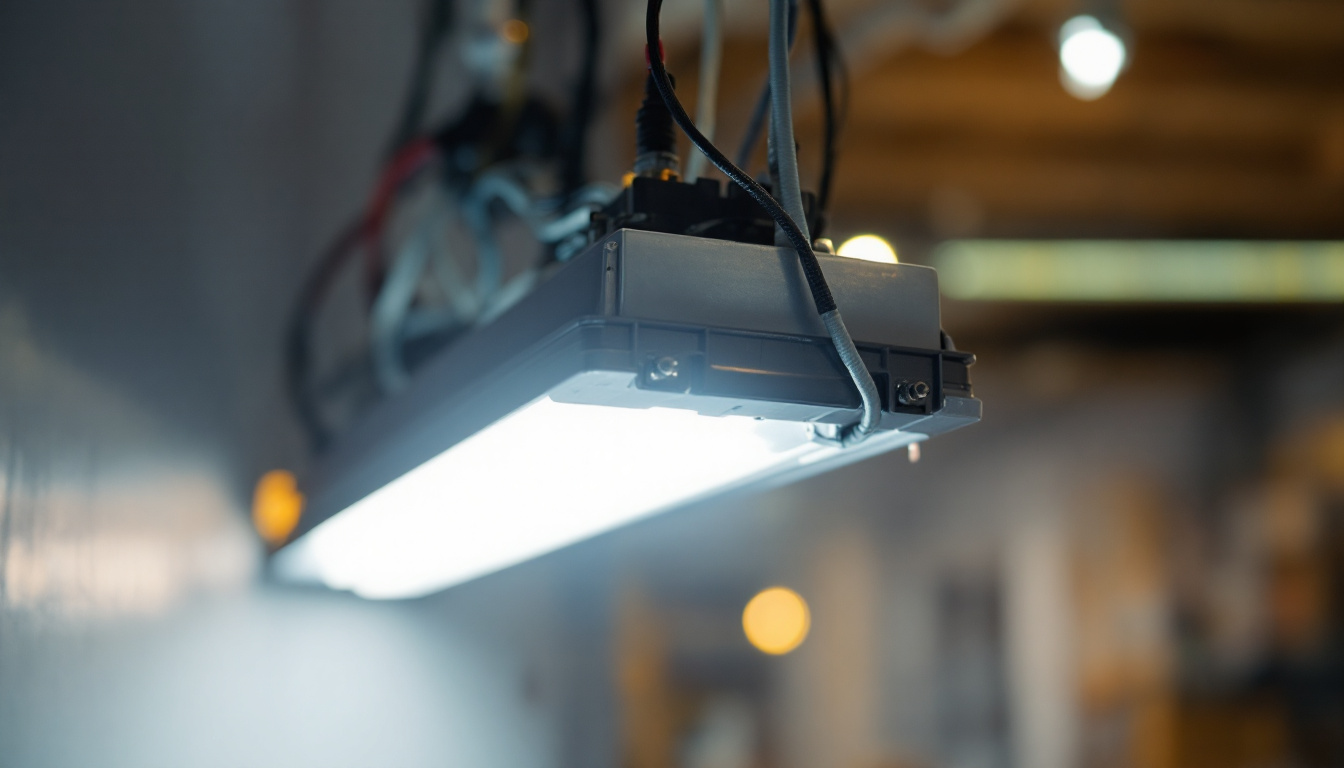 A photograph of a close-up shot of a fluorescent light ballast being installed