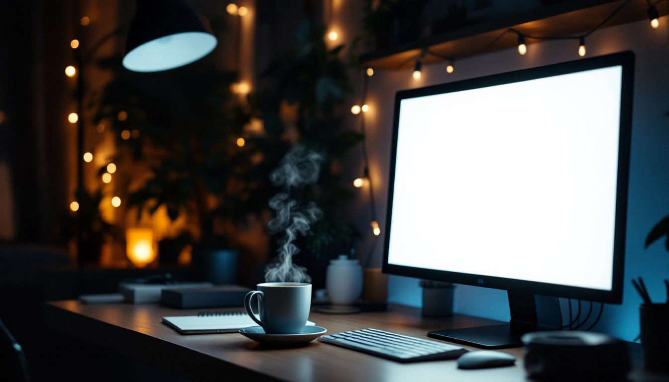 A photograph of a cozy nighttime workspace illuminated by a bright white computer screen